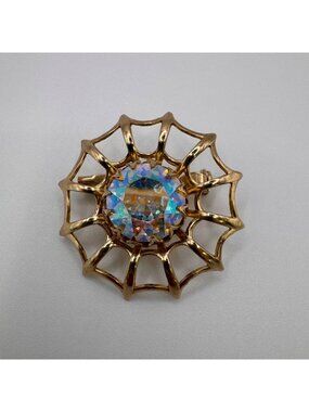 Gold Tone Openwork Brooch AB Rhinestone Prong Set Mid Century Sparkle